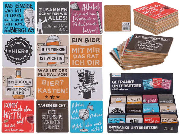 [OOTB-71/3262] Kork-Untersetzer, Slogans, ca. 9,5 cm,