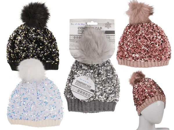 Kuschel-Mütze mit Kunstfell-Bommel & Pailletten,
