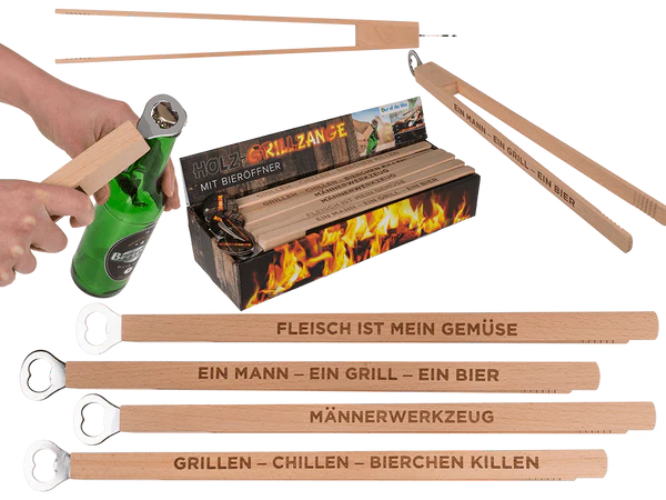 Holz-Grillzange mit Flaschenöffner, ca. 43 cm
