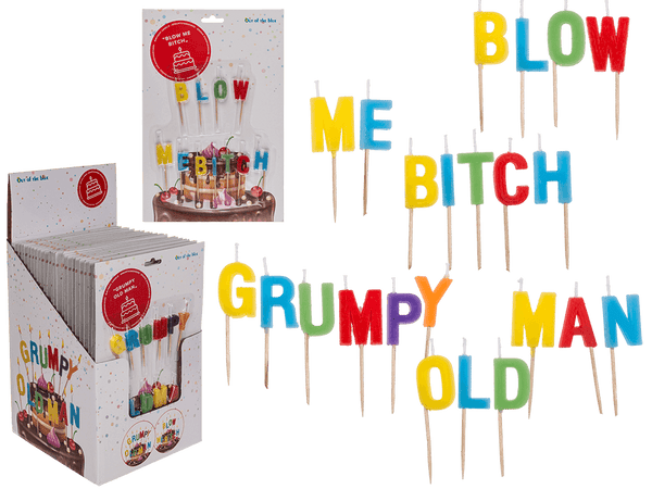 Geburtstagskerze, "Blow me Bitch"/"Grumpy old man"