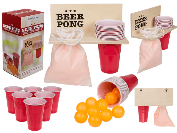 Beer Pong m. Holz-Ablage, inkl. 12 Becher und