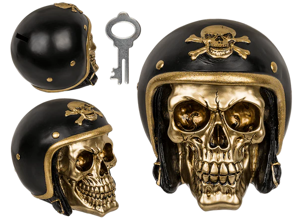 Spardose mit Schloss, Totenkopf mit Motorradhelm,