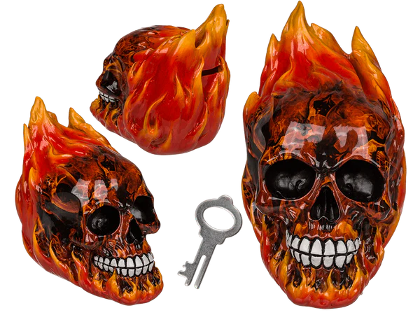 Spardose mit Schloss, Totenkopf mit Feuer,