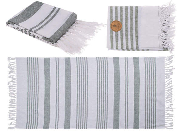 Weiß/grünes Fouta-Hamamtuch (für Sauna & Strand)