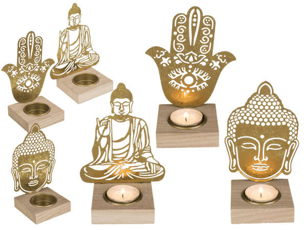 [OOTB-190423] Goldener Metall-Teelichthalter mit Holzfuss,