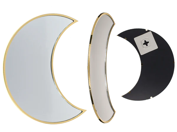 Spiegel in Mond-Form, mit goldenem Metall-Rahmen,