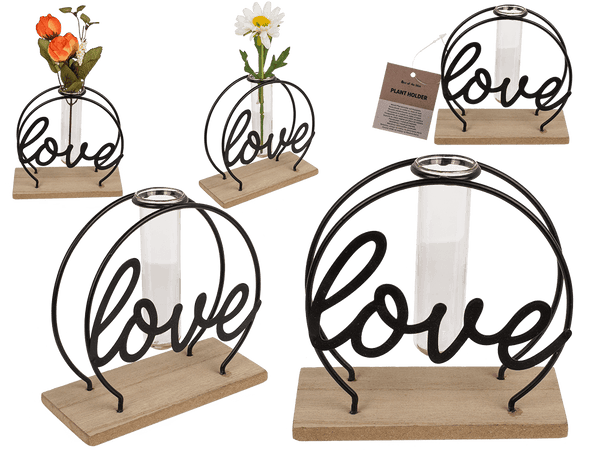 Metall-Pflanzenhalter auf Holzplatte, Love,