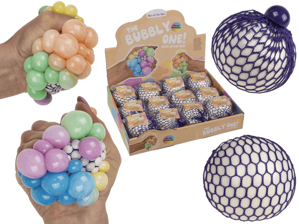 [OOTB-12/2996] Squeeze-Ball im Netz, Regenbogen, ca. 7 cm,