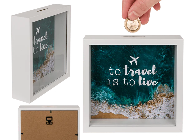 Holz-Spardose, To travel is to live,