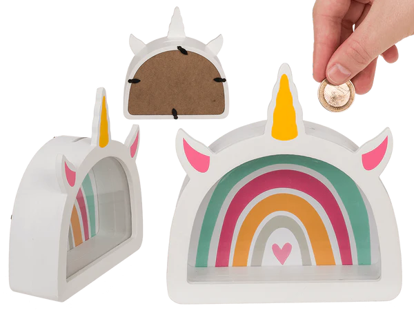 Holz-Spardose, Regenbogen-Einhorn,