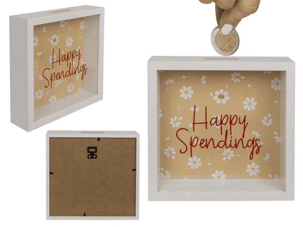 Holz-Spardose, Happy Spendings,