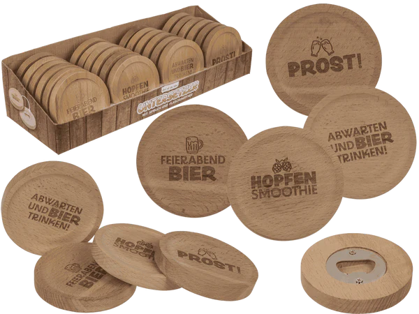 [OOTB-71/3366] Holz-Untersetzer, mit Spruch und Flaschenöffner,