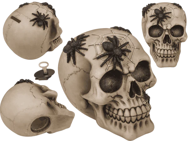 Spardose mit Schloss, Totenkopf mit Spinnen,