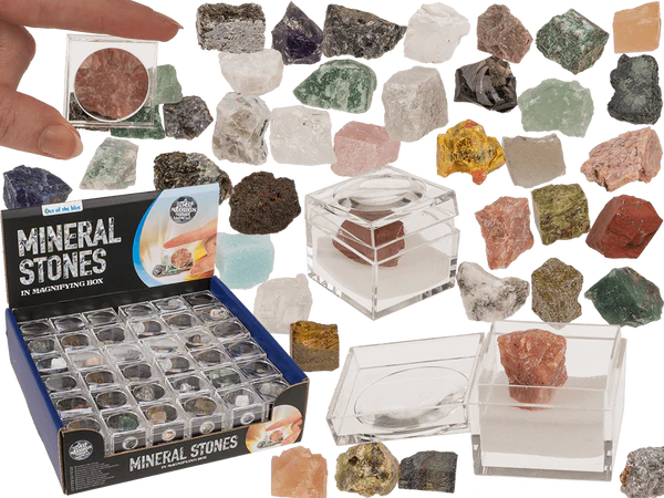 [OOTB-24/1244] Mineralsteine, in Kunststoff-Box mit Lupe,