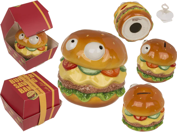 Spardose mit Schloss, Burger mit Augen in Box,