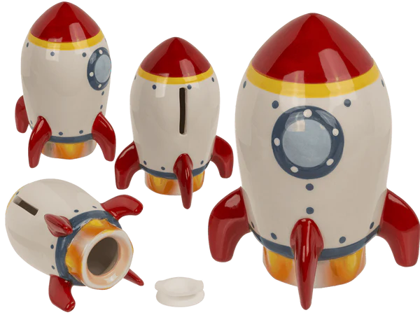 [OOTB-78/4157] Spardose, Rakete, 12,5 x 7 cm, aus Steingut,