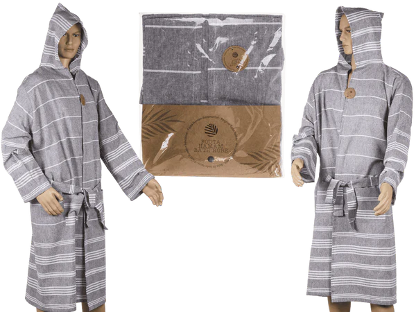 Grau/weißer Fouta-Bademantel, Größe L,