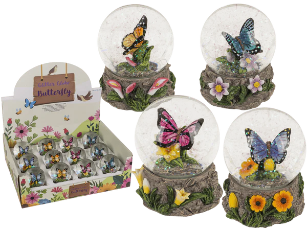 [OOTB-78/5880] Glitterkugel, Schmetterling, auf Sockel,