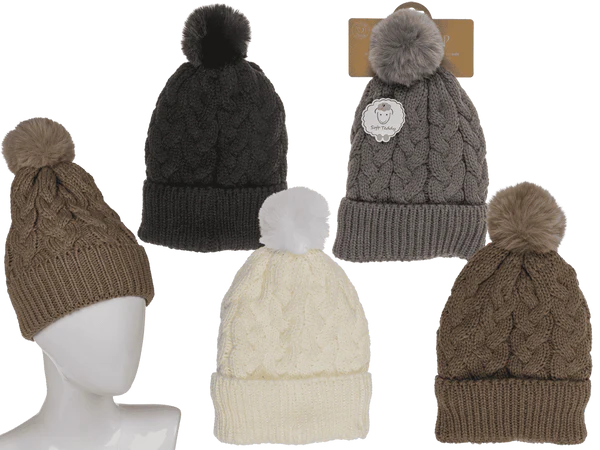 [OOTB-02/3079] Kuschel-Mütze mit Kunstfell-Bommel, Zopfmuster,