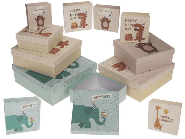 Mehrfarbige Geschenkkartonage, Geburtstags-Tiere,