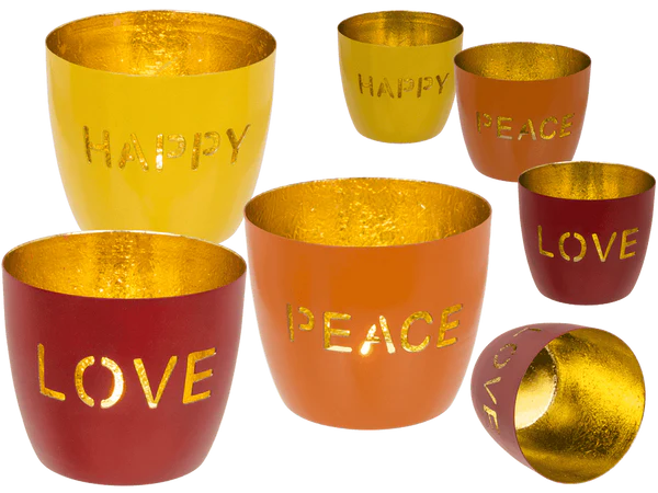 [OOTB-260216] Metall-Teelichthalter, Peace/Happy/Love,