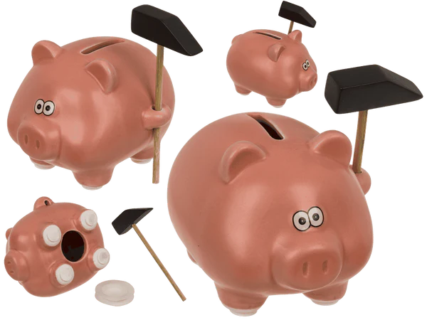 Spardose, Comic Schwein mit Hammer, 11 x 9 cm,