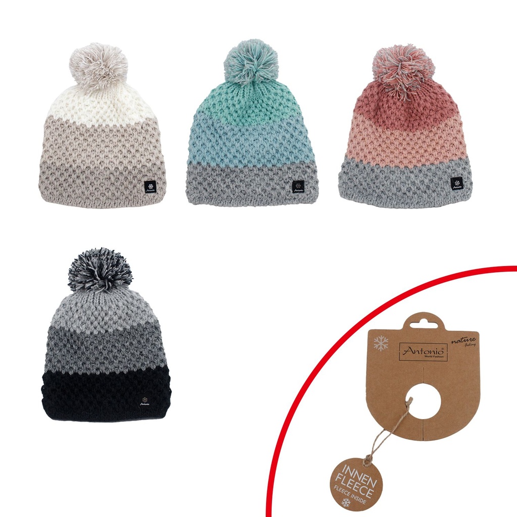Winter Damen Mütze "Tripple Boom" Waffel Style Mit Bommel Und Innenfleece