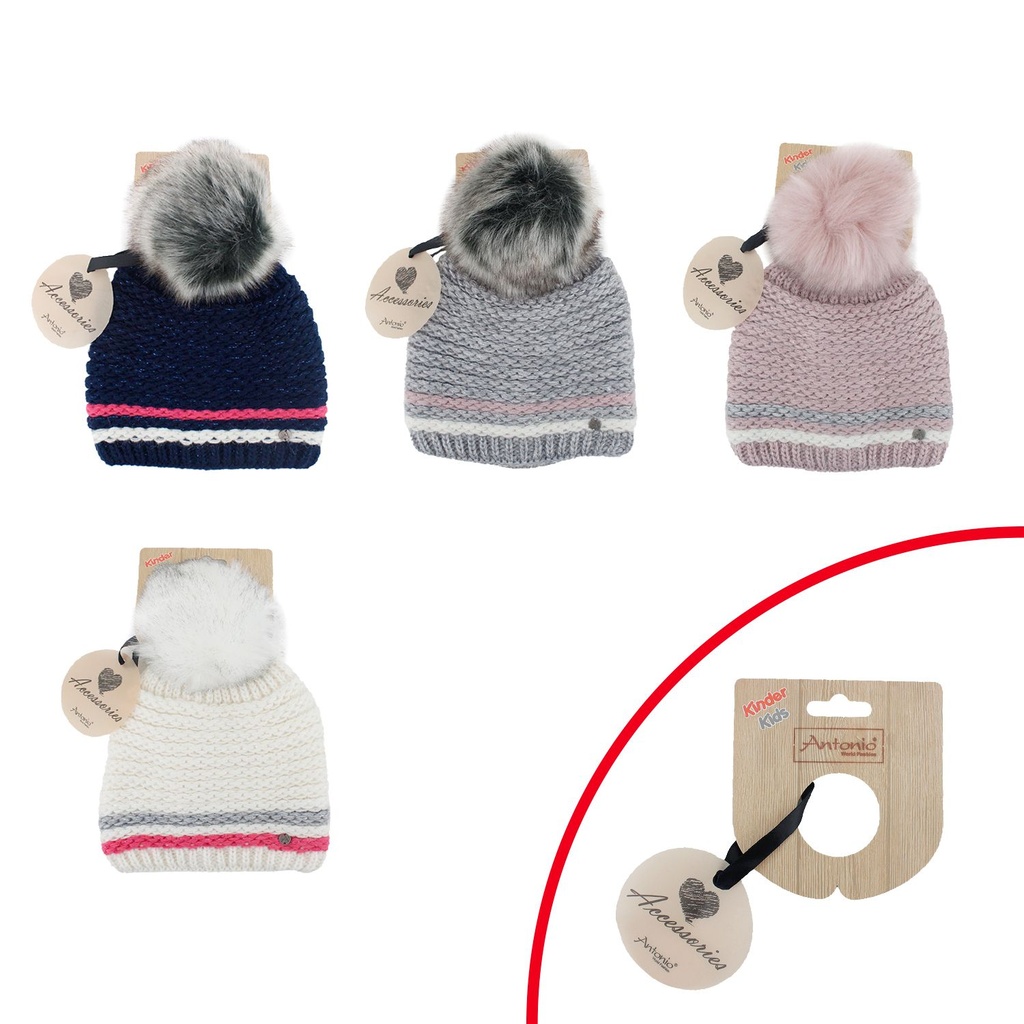 [60.00622.99] Winter Kinder Mütze Zwei Streifen und Bommel