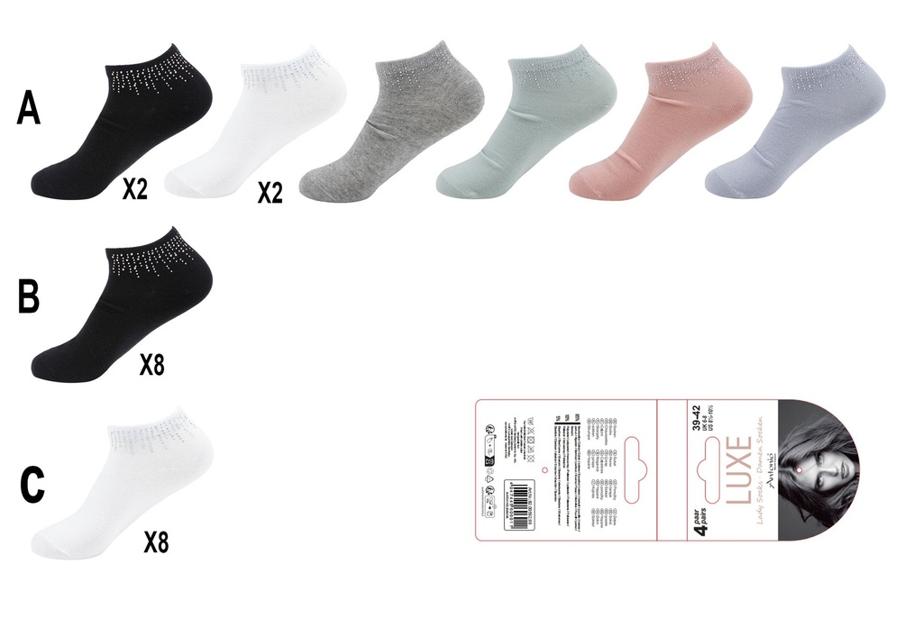 [82.00592.99] 4er Pack Damen Diamanten Sneaker Socken Cotton