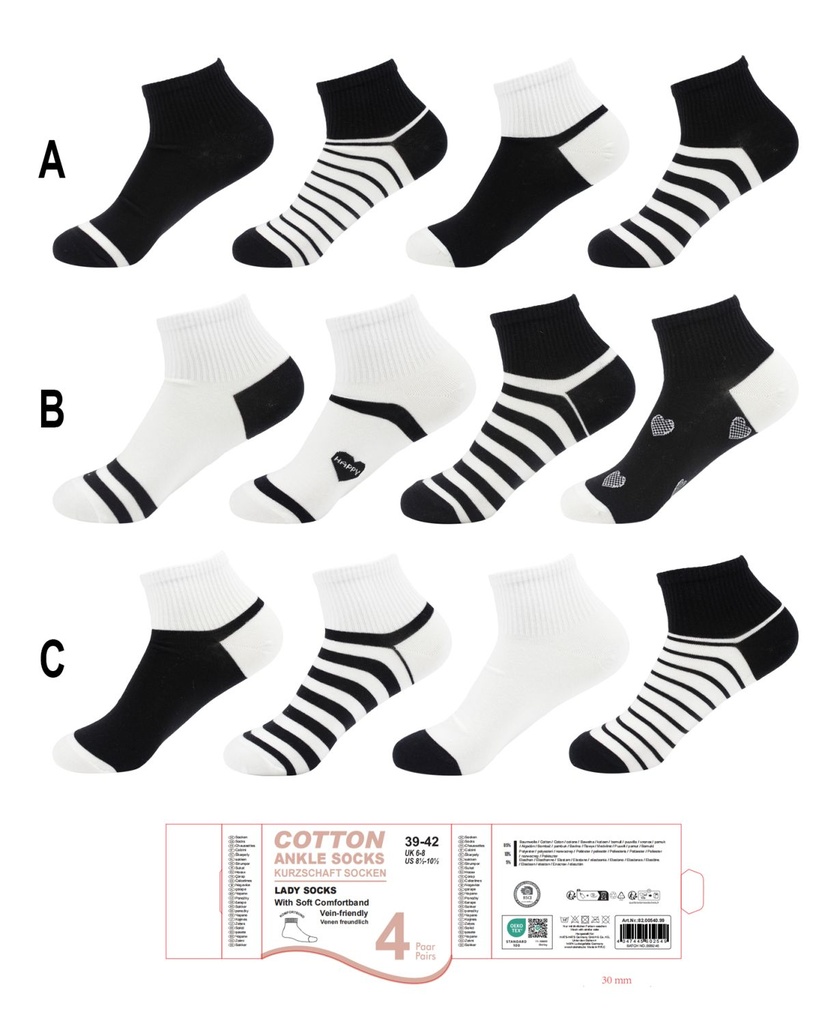 4er Pack Damen Kurzsocken Schwarz Und Weiß