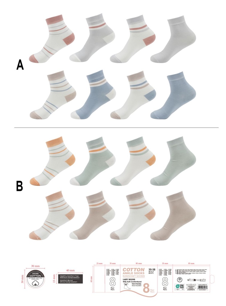 8er Pack Damen Quarter Socken Gestreift