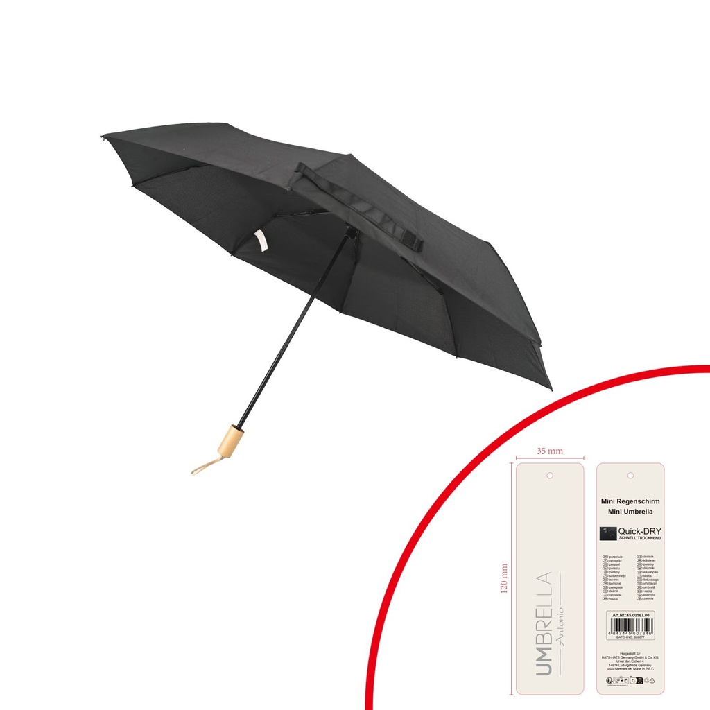 [45.00167.00] Mini Umbrella, Schwarz, Sturmstrebe Mit Elegant Fashion Holzgriff