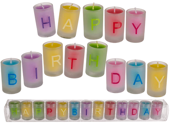 Farbige Kerze im Glas, Happy Birthday,