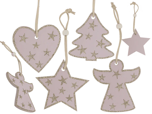Rosa farbene Holz-Weihnachtsmotive zum Hängen,