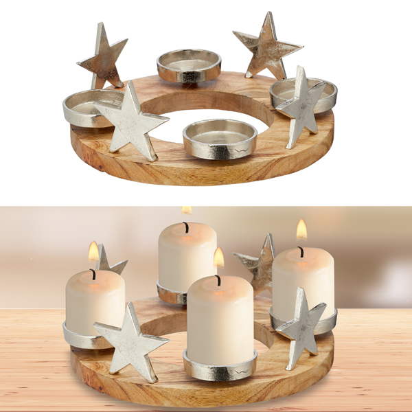 [CEP-63558] Adventsleuchter, Stern mit Holz, rund, ca. 30cmD