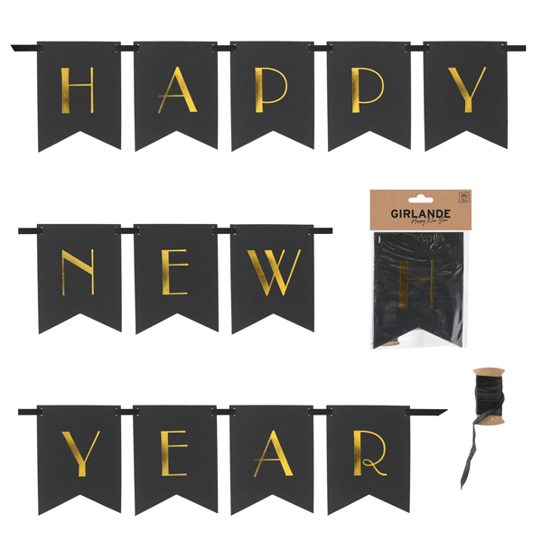 [CEP-45997] Girlande Happy New Year, schwarz, ca. 170cmL